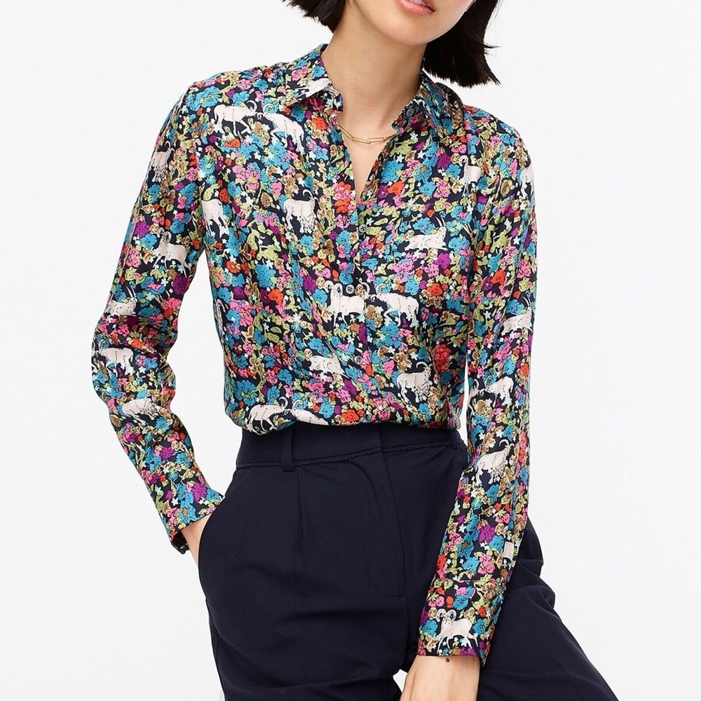J. Crew Collection Grazing Goats 100% Silk Floral Button-Up Shirt Sz 6 Midsommar - Picture 2 of 10